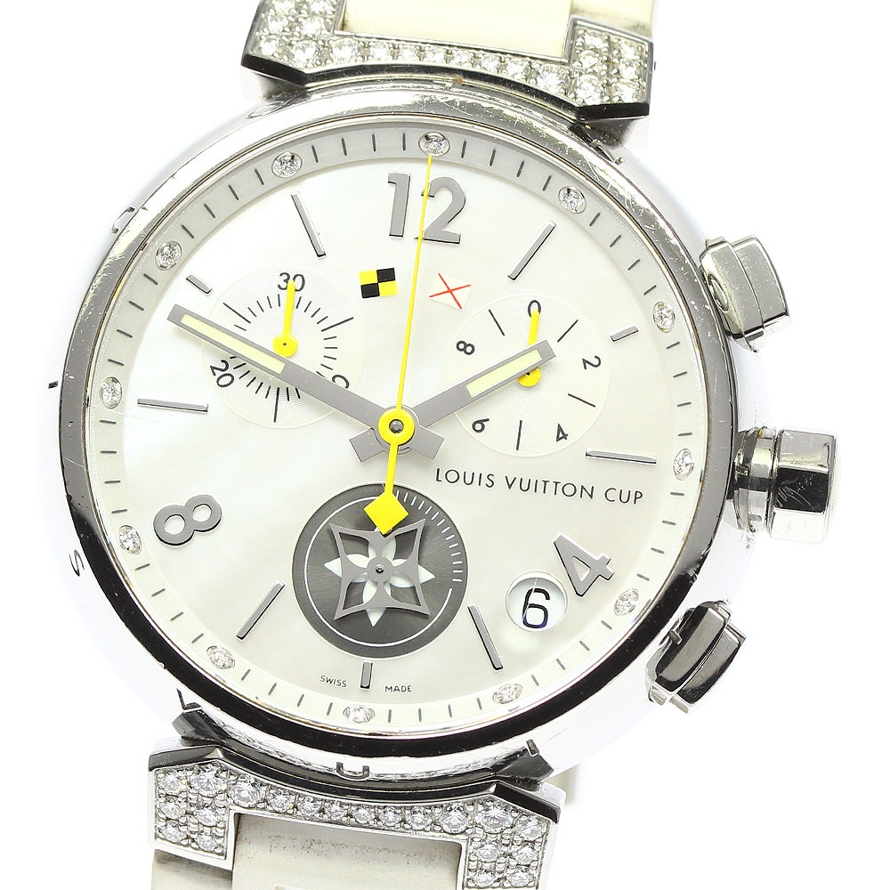 ベルト訳あり ルイヴィトン LOUIS VUITTON Q11BF タンブール クロノ ラブリーカップ 12Pラグダイヤ クォーツ 箱保証書付き_770641【中古】