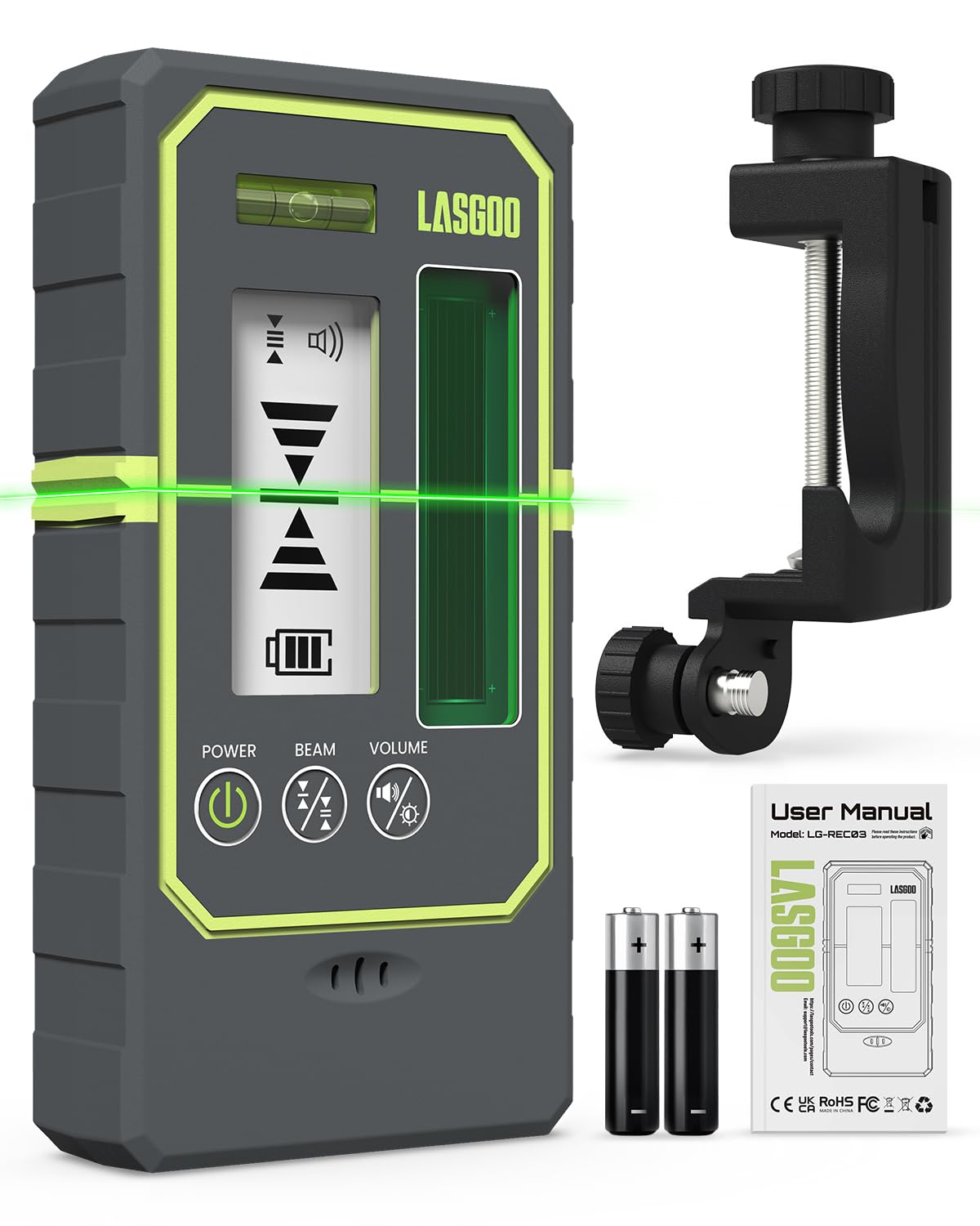 レーザーレベル検出器パルスモードラインレーザー用レーザーレシーバー50m作業範囲バックライト付きデュアルLCDディスプレイ調整可能スピーカーバブルレベルクランプ付属 98346