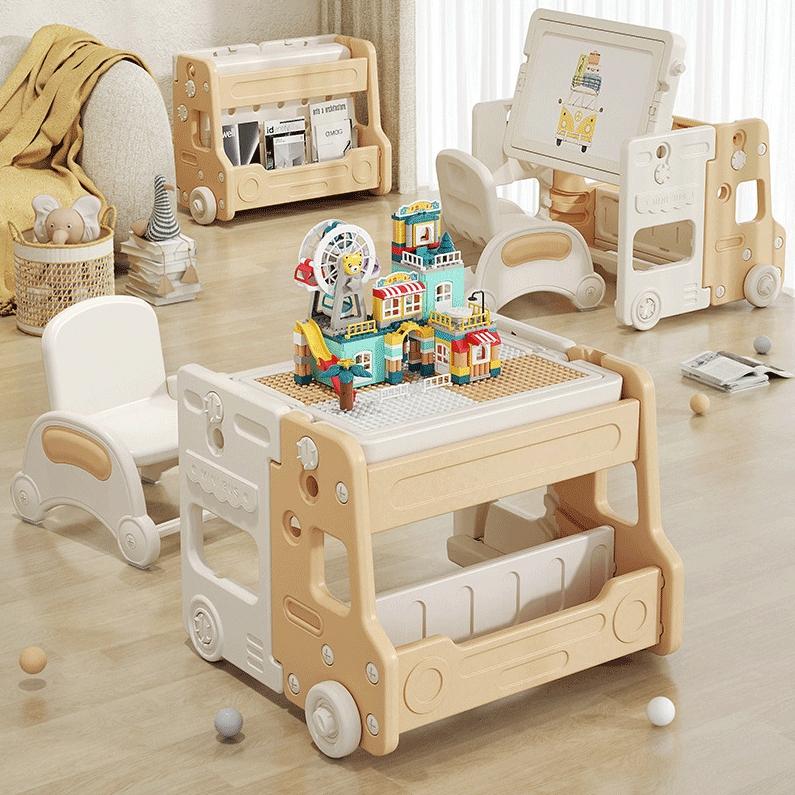 2点セット 子供デスクセット キッズデスク チェア 学習机セット 多機能 ブロックテーブル お絵かきボード ホワイトボード キッズテーブル 可愛い バス形 入園