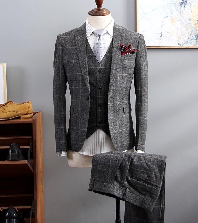 【激安販売】2色 チェック柄 無地 カーキ グレー 灰色 コーヒー メンズスーツ 3ピーススーツ 上着+ベスト+ズボン ハイエンド OL通勤 リクルート 就職 ビジネススーツ スリーピース セットアッ