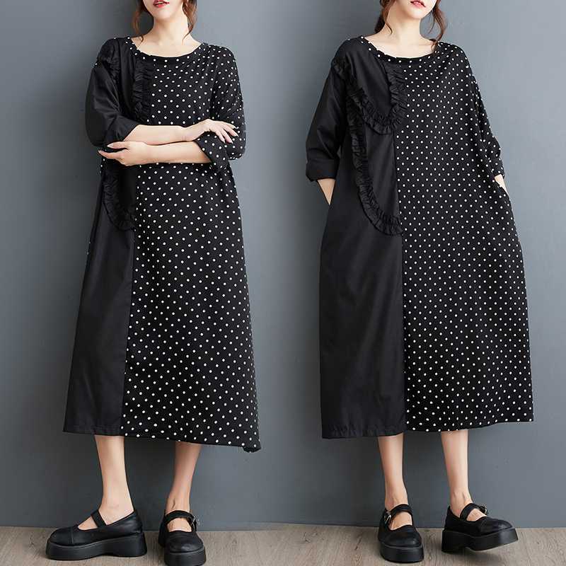 「ファットガール」 2024秋新品 水玉 ワンピース ドッキング 大きいサイズ 体型カバー レディース Aライン ロングワンピース メガ割