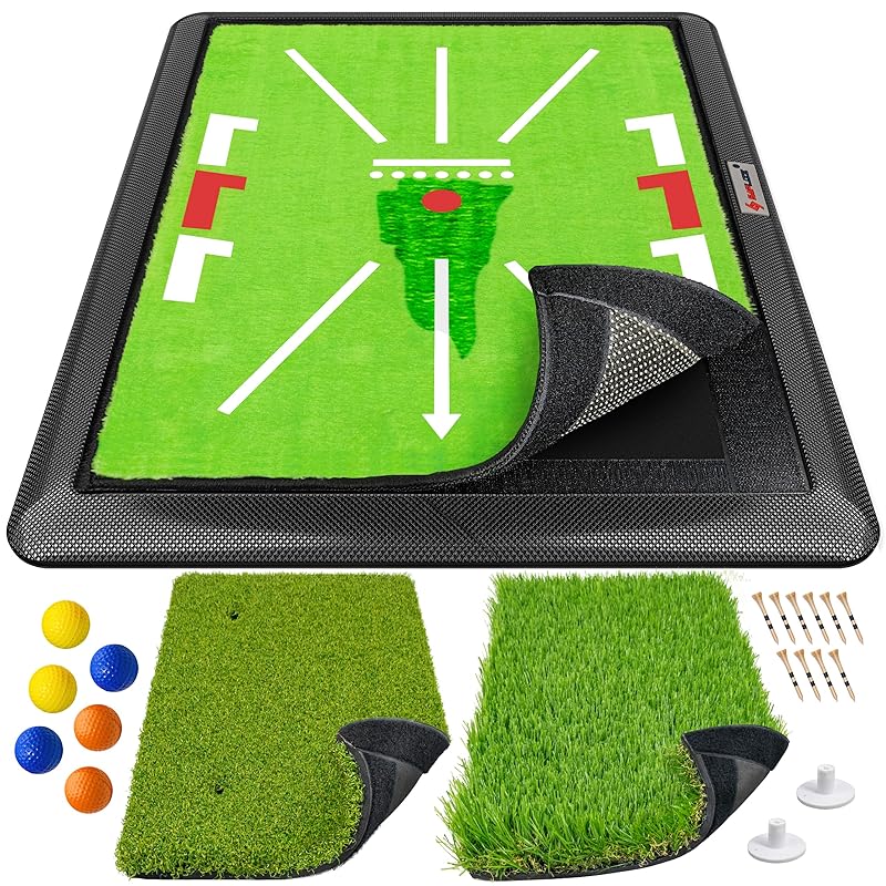 SAPLIZE セープライズ3-in-1交換式ゴルフ打撃練習マット 加重ベース フェアウェイ/ラフ/スイング痕跡分析マットドライビングチッピングスイング動作分析 ティーホルダー付き 33X43c