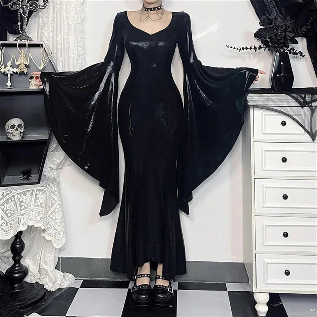 ハロウィン 今年 短纳期 魔女 ファッション 暗黒系 黒 ブラック 無地 ロング S M L ワンピース 5,525円