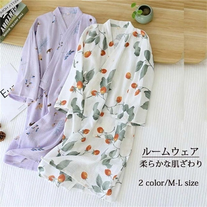 【急速出荷】寝巻き 2重ガーゼ 浴衣 ルームウェア パジャマ 寝巻き ガーゼ ガウン お風呂上がり バスローブ レディース ホワイト パープル 綿 前開き 春夏 旅館 温泉 介護 通気性 和風パジャマ 4,325円