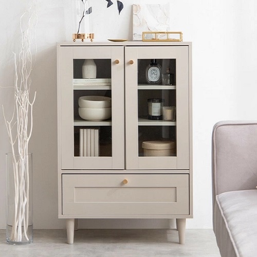 海外インテリア 大人かわいい キッチンキャビネット ロータイプ 60 幅 ガラス扉 可動棚 棚付き 扉収納 引き出し 飾り棚