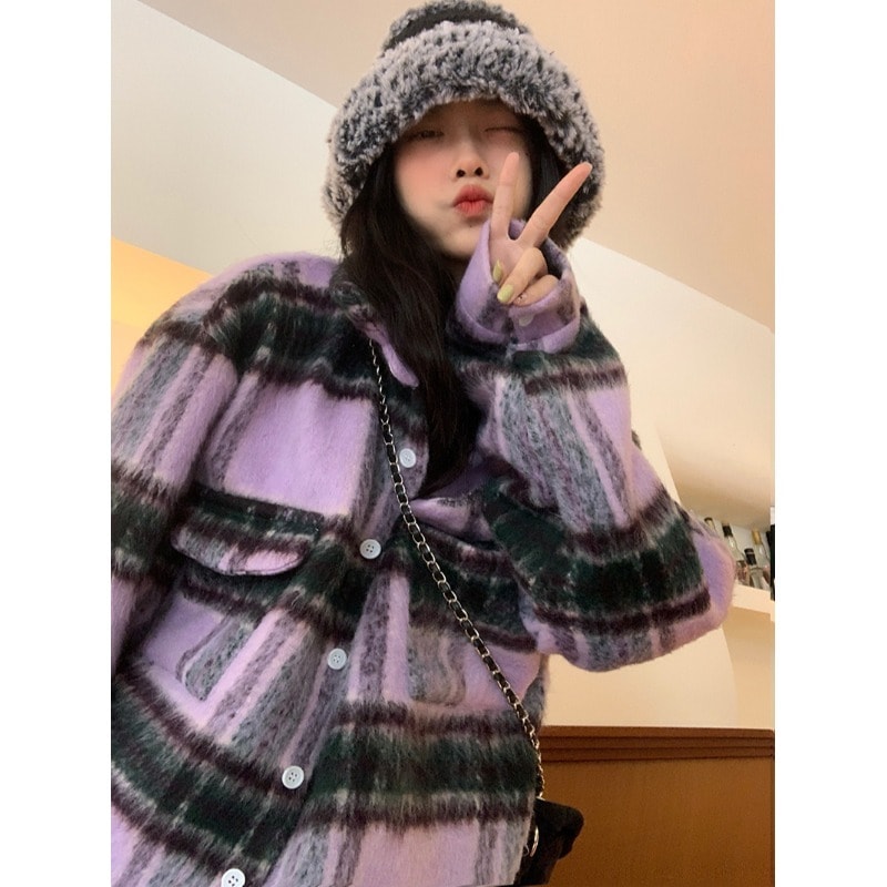 パープルチェック柄シャツジャケット ウールシャツ テーラードジャケット ショート丈 アウター レディース 厚手 シャギー チェック柄 ポケット ボタン かわいい カジュアル ガーリー お出かけ