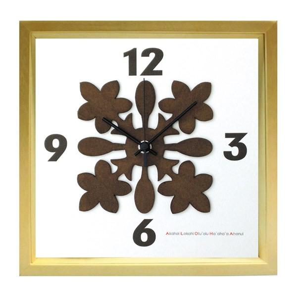 壁掛け時計 アートパネル おしゃれ ハワイアンキルト 南国リゾート プルメリア かわいい 木枠 ウォールクロック