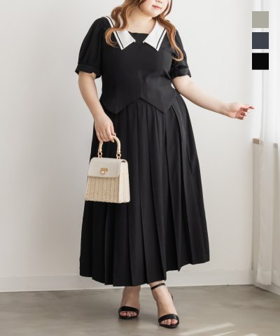 大きいサイズ レディース LL 3L 4L XL XXL XXXL CLETTEオリジナルセーラー襟トップス＆プリーツスカートセット