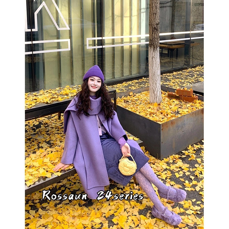 ロッサウン紫スカーフカラーマントコート気質年齢軽減と豊かな感触女性のための新しい冬のウールコート