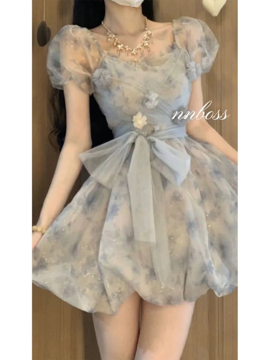 ロリータドレス 2024 夏 新作 メッシュ 花柄 着痩せ ワンピース 百掛け おしゃれ