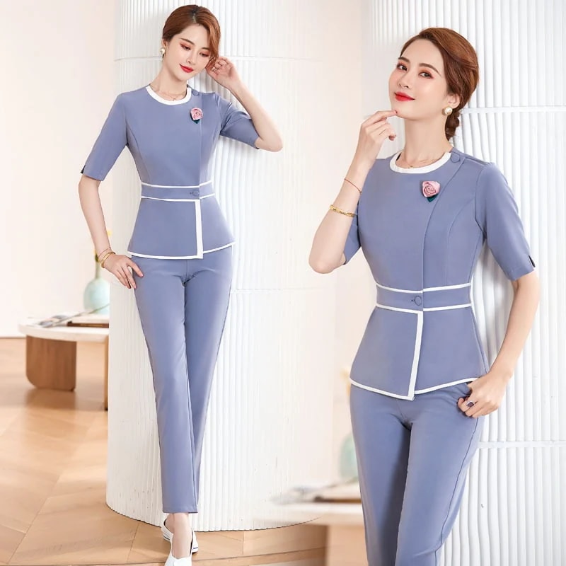 七分袖 ユニフォーム セットアップ 半袖 エステ サロン 制服おしゃれ 美容院正装販売工装職業装着痩せ上品通勤 上下セット