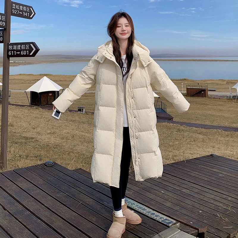 スタイリッシュな連帽ロングダウンジャケット2024新型韓国版ゆったり厚手保温90白アヒルの綿毛コート