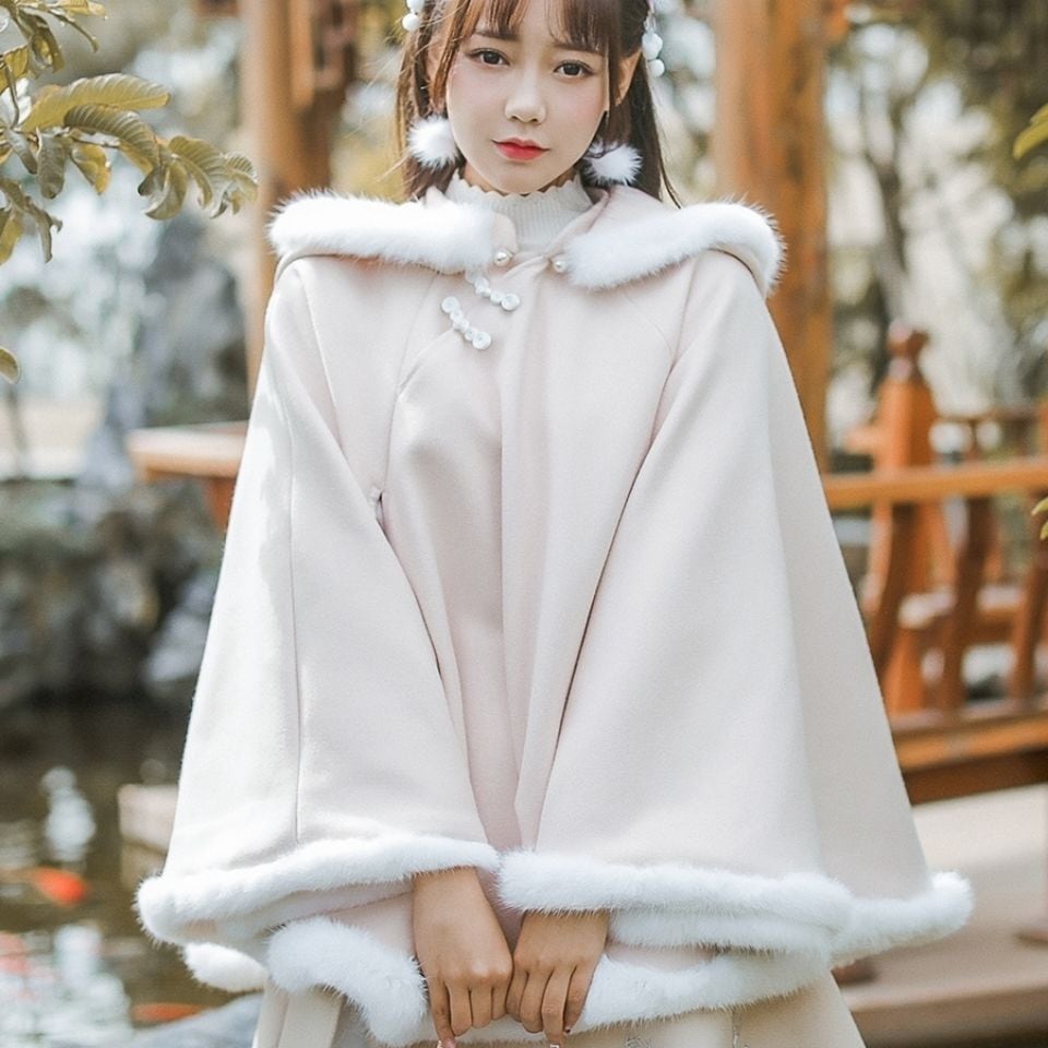 脂肪mm300キャティ特大サイズ改良漢服ハンエレメントロリータフード付きマントマントコート1