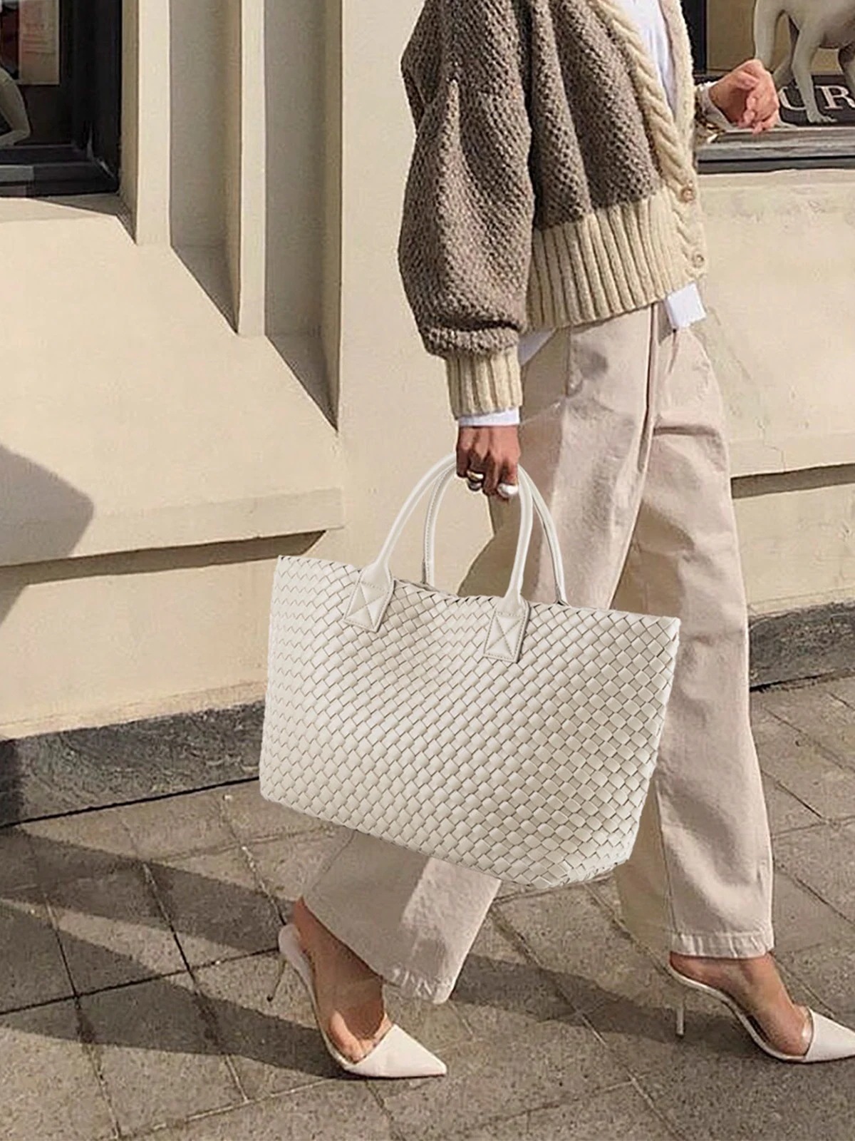 メガ割トートバッグ レディース PUレザー ハンドメイドバッグ 編み込みトートバッグ メッシュトートバッグ イントレチャート 編みバッグ 編みこみ メッシュ編み メッシュトート 手編み プレゼント43