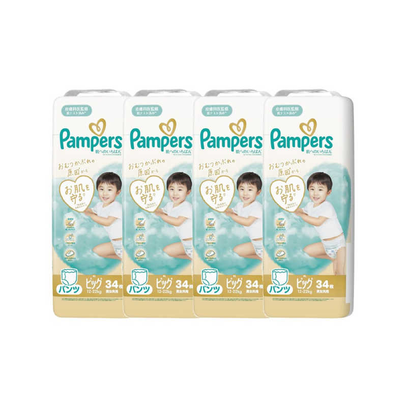 P＆G　(ケース販売) パンパース 肌へのいちばんパンツ スーパージャンボビッグ(12-22kg) 34枚×4個　PMハダパンSJXLCS