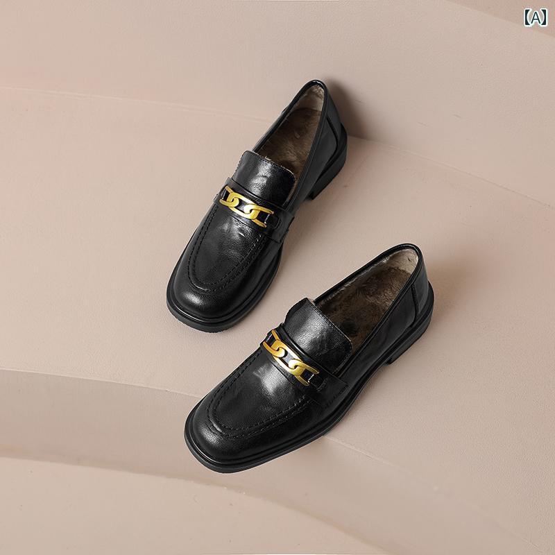 ローファー レディース オフィス カレッジ 通勤 通学 仕事 英国 スリッポン 裏起毛 女性 冬 スタイル 革 深い 口 暖かい 小さい 革靴 厚手 ヒール シングル シューズ