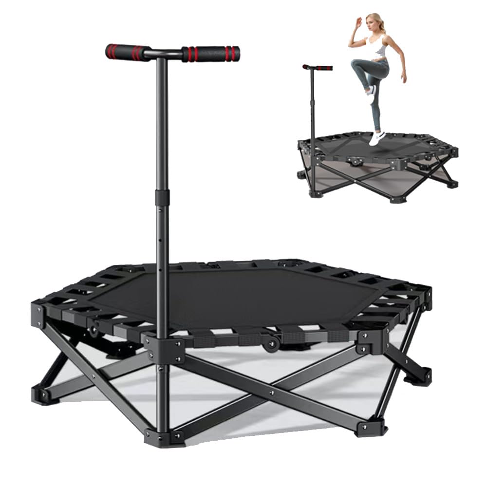 新型トランポリン 室内 全鋼構造 静音設計 高弾力 手すり付き 子供大人兼用 手すり3段階調節 トレーニング エクササイズ あそび 家庭用 耐荷重150kg 折りたたみ式 収納便利 組み立て簡単 耐久