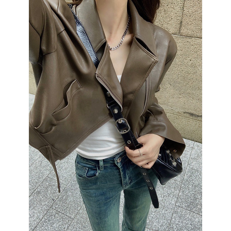 アメリカンレトロバイククール秋新スタイルショートレザージャケットトップス女性用