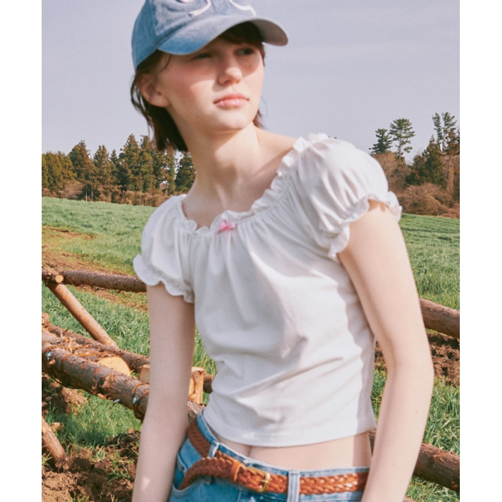 RONRON ローズリボンフリルオフショルダー Tシャツアイボリー