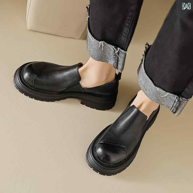 ローファー レディース 学生 カレッジ 通学 通勤 女性用 厚底 スリッポン レトロ レザー ブラウン スモール レザーシューズ カジュアル 増 量 シンプル 厚底 ヒールシューズ