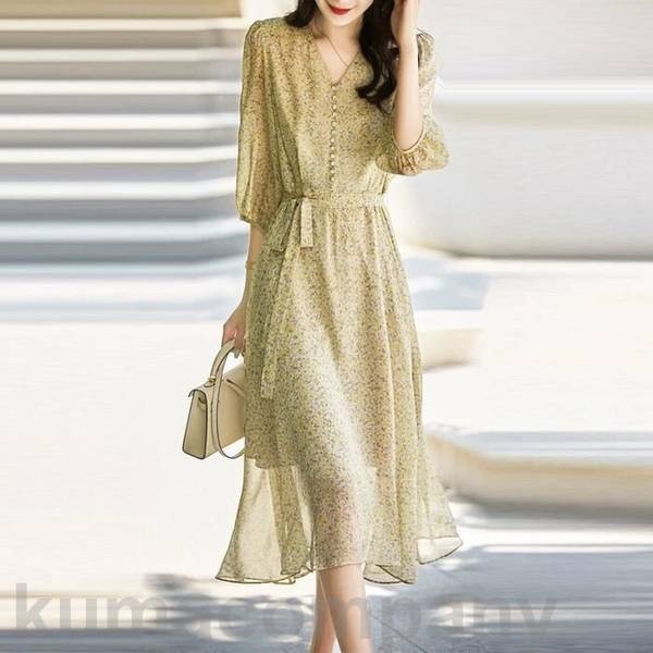 ワンピース ドレス 袖あり 花柄 フラワー エレガント レディース きれいめ カジュアル おしゃれ 七分袖 大人 可愛い フェミニン ミモレ丈 ナチュラル シフォン Aライン 体型カバー ウエストリボ 5,389円