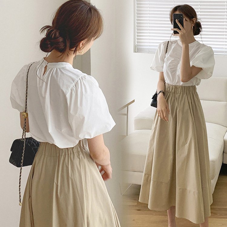 2点セットアップ レディース 夏 オシャレ 通勤 半袖ブラウス白 パフスリーブ フレアスカートロング丈 可愛い 上下セット カジュアル バレンタイン 2025 プレゼント