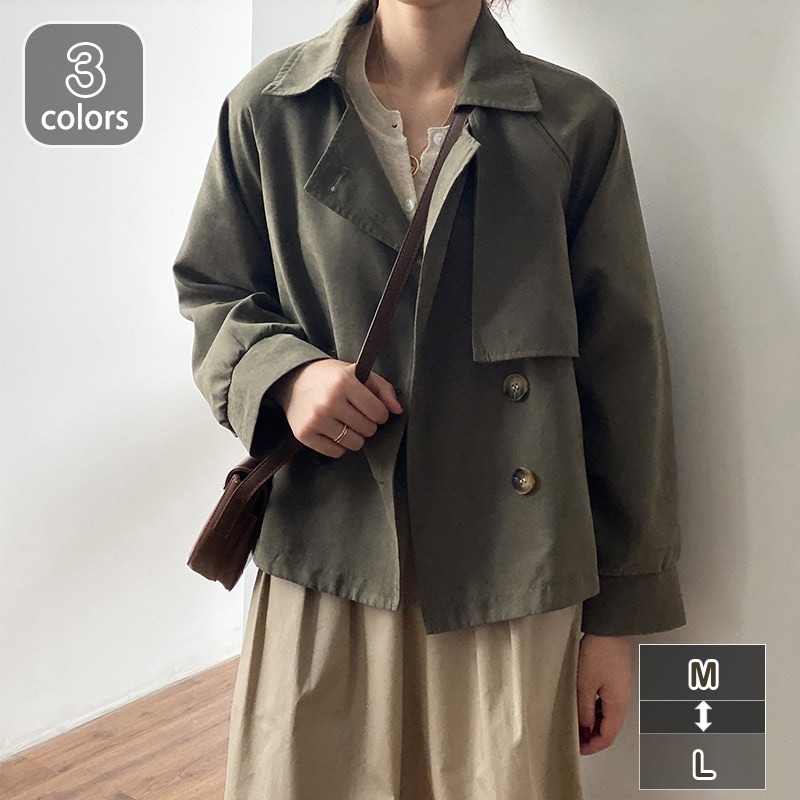 トレンチコート ボタン ショートコート スプリングコート レディース 長袖 アウター ショート丈 女性用 無地 Vネック 折り襟 着痩せ 薄手 シンプル お洒落 カジュアル 春 秋 ポケット付き 通勤