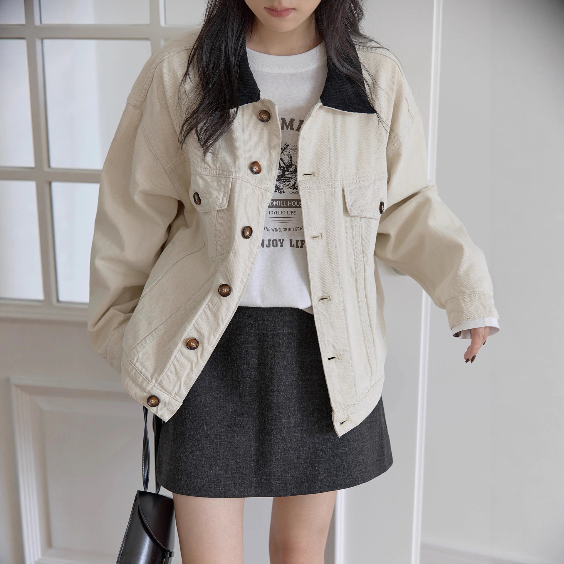 ウィックカラーコントラストバーンスタイルデニムジャケット女性用レトロハイエンドオフホワイトルーズシルエットジャケット 5,248円