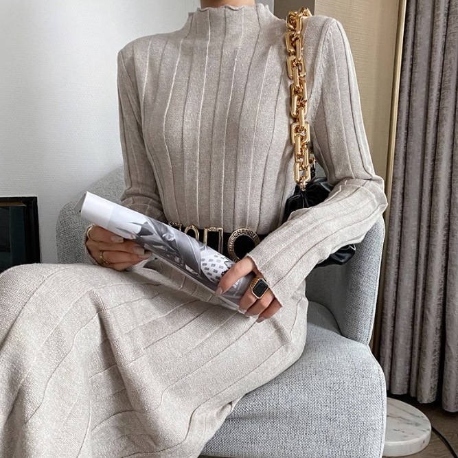 ワンピース ワンピドレス ロング ロング丈 袖あり 長袖 ハイネック 襟なし ストレート Iライン ハイウエスト ニット かわいい 大人可愛い きれいめ シンプル 大人 上品 おしゃれ お洒落