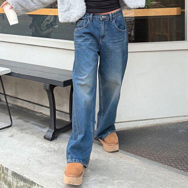 Hスタイル(JN)421裏起毛ウォッシング腰広ワイドストレートパンツ 冬 女性 裏起毛 ジーンズ デニムパンツ ワイドパンツ