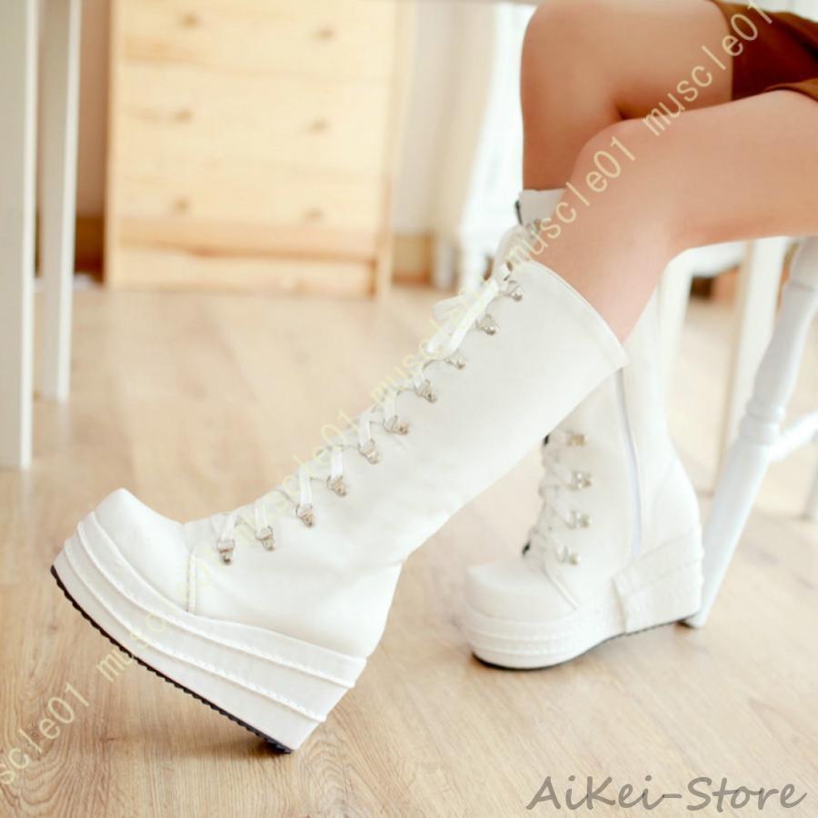 厚底ロングブーツ コスプレ ロングブーツ 編み上げ 白 ホワイト 黒 ブラック ゴシック ロリータ靴 ロリィタ パンク靴 長靴 舞台 レザーブーツ 防水 防滑