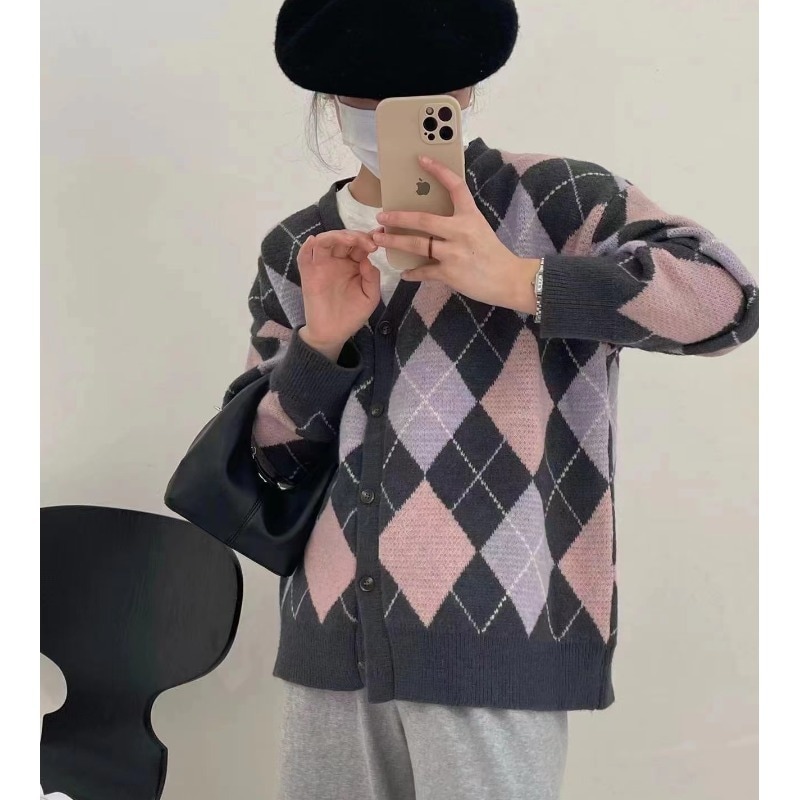 トップス ニットソー セーター カーディガン レギュラー丈 長袖 レギュラー袖 Vネック 襟なし ストレート 前開き 編み込み ニット ウール カジュアル お洒落 ルーズ 抜け感 柄 菱形 秋 冬