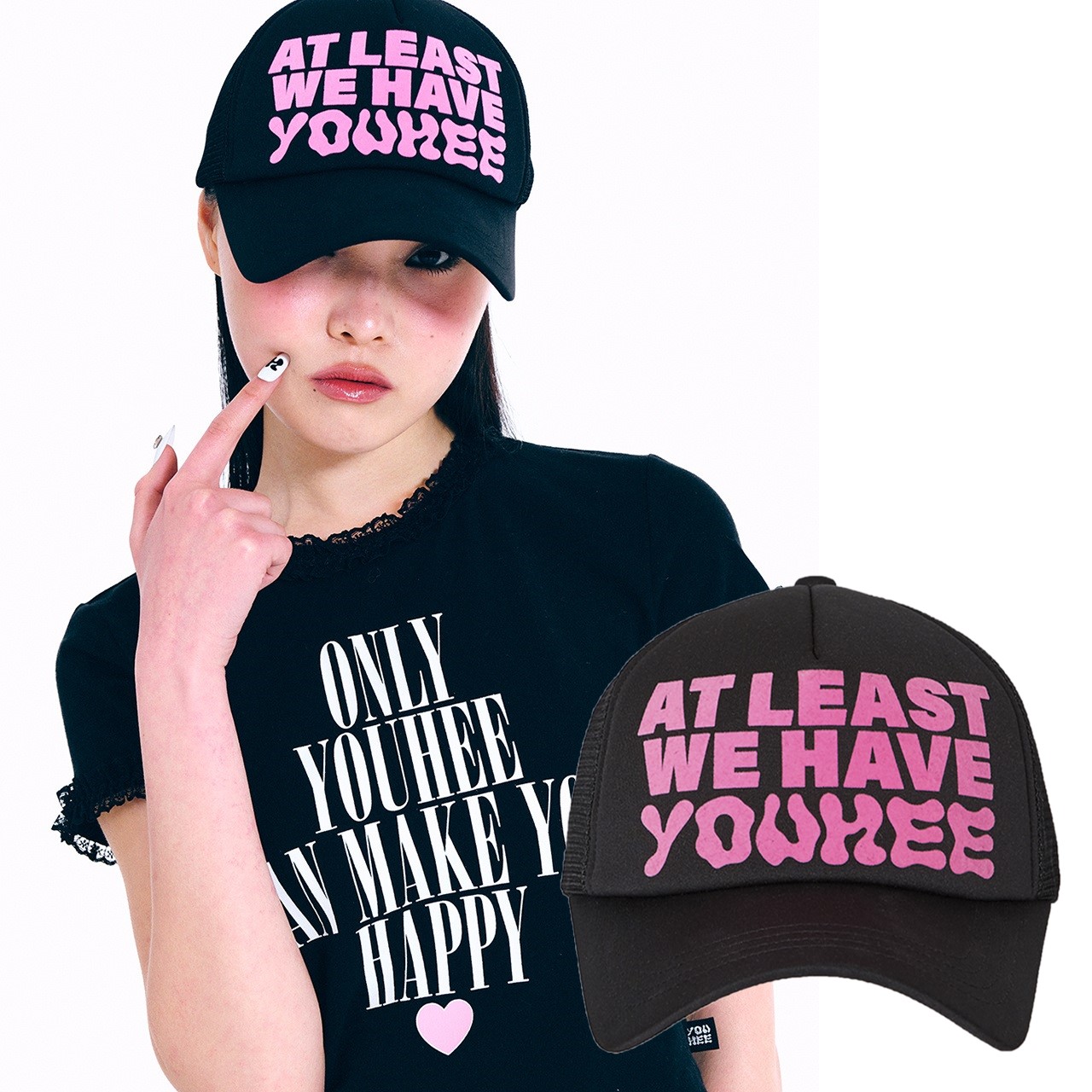 [韓国人気ベストグッズ] LETTERING TRUCKER CAP BLACK