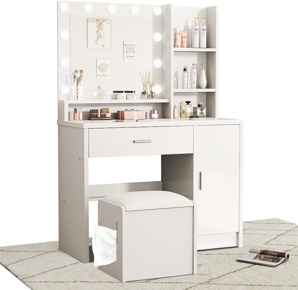 ドレッサー コンパクト テーブル 幅員90cm 女優ミラー付き 3色LEDライト 明るさ10段階調整 大容量収納 ホワイト 化粧台 鏡台 スツール付き 北欧風 おしゃれ t01