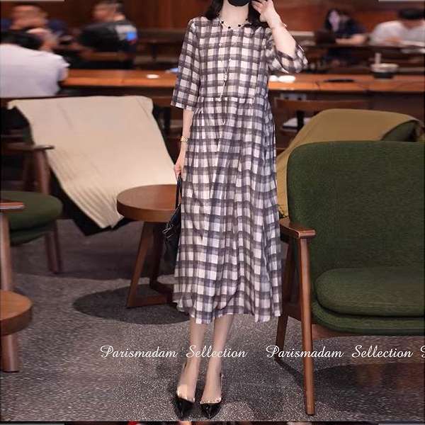 新品追加 プリントワンピース　5部袖　チェック　格子柄　ロングワンピース　ミモレ丈　ひざ下丈　大きいサイズSからXXL女子会細く見える通勤通学20代30代40代50代60代