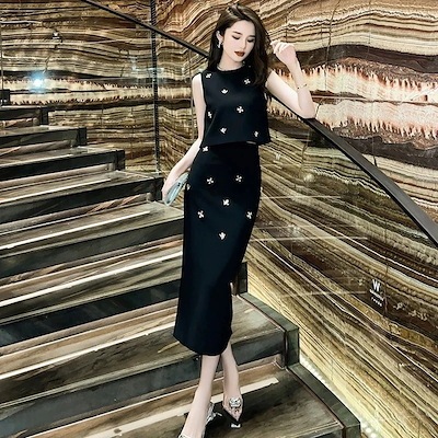 【jy .高级品】夏の上下セットダイヤモンド扮りハイウエストベスト+スカートパーティードレスキャバい痩せ大人また集まろう披露宴卒業式の结婚式のコンサートウェディング二次会にそよぐ葦が