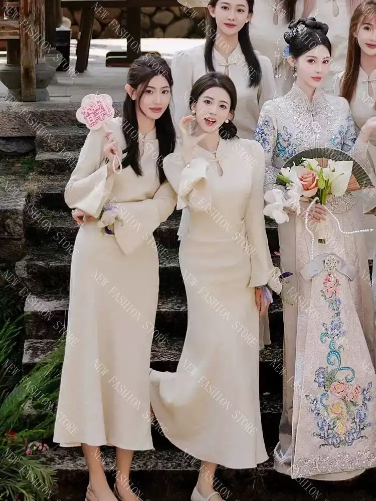 新しい姉妹団ドレススカート女性魚尾中国式チャイナドレス長袖-75