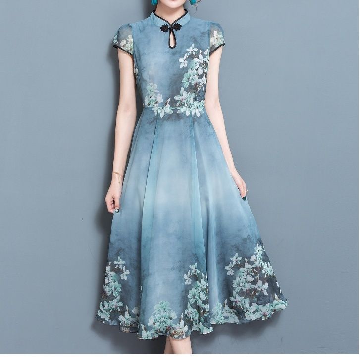 レディース ワンピース ドレス フレア ミモレ 膝下 半袖 クルーネック Aライン セミフレア チャイナ 大人可愛い かわいい エレガント アジアン 花柄 夏 春 パーティー お揃い M L XL