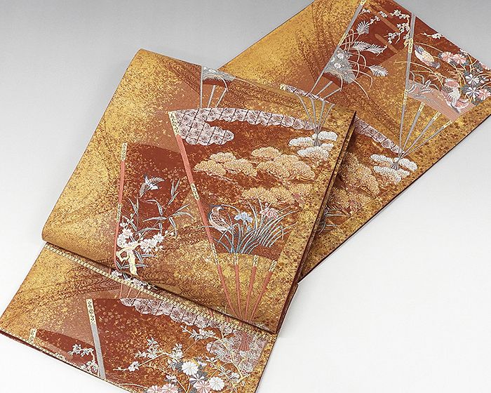 袋帯 新品仕立済 正絹 西陣 高島織物謹製 花鳥扇子模様 袋帯 新品 仕立て上がり