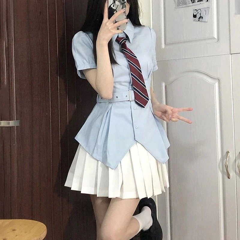 制服スカート 制服 韓国制服 カーディガン 和風カレッジ風レディース夏半袖トップス ウエスト薄ピュアデザイシャツセット 制服 JK制服プリーツスカート