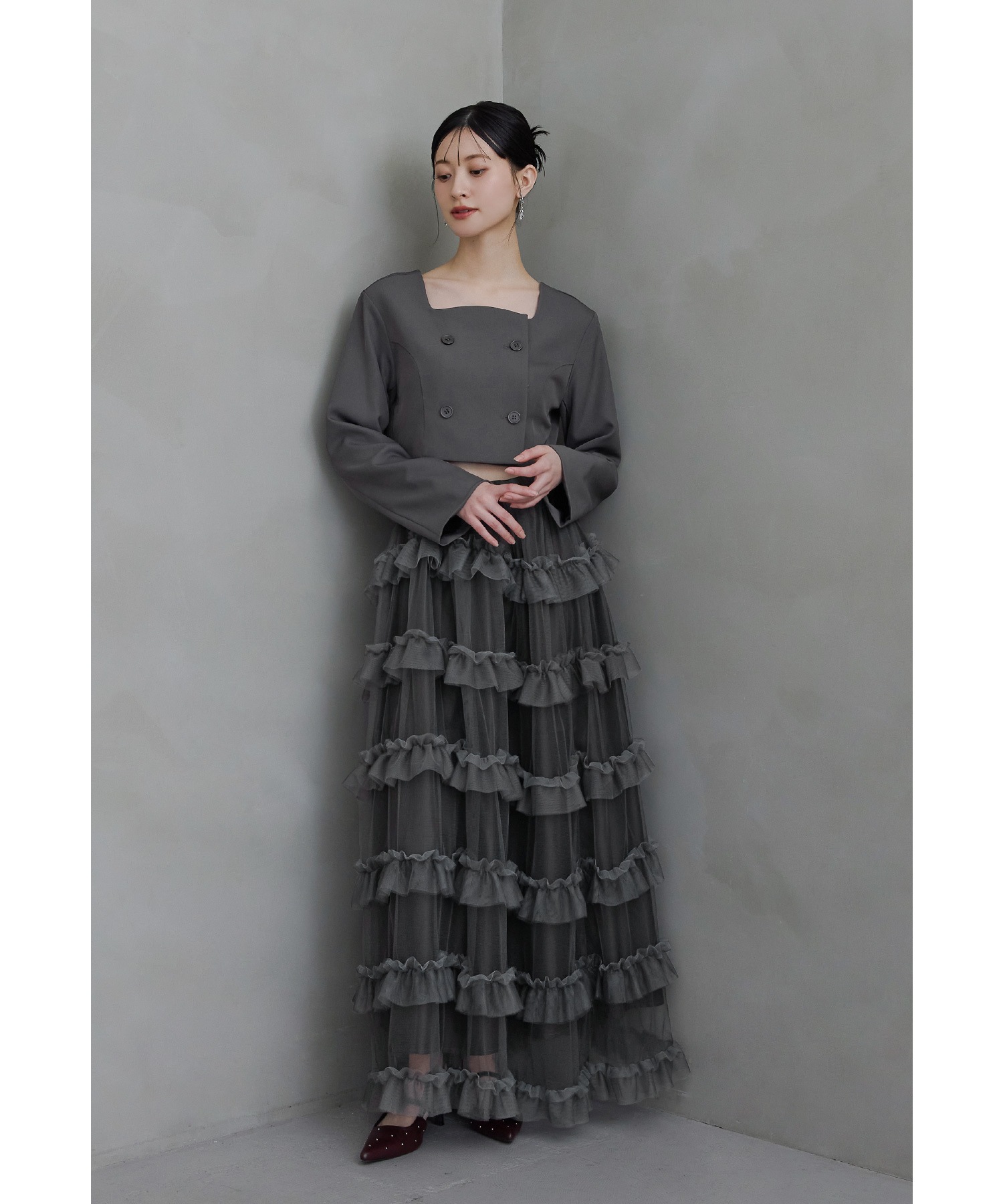 ティアードチュールスカートジャケットセットアップ パーティードレス 結婚式 2点セット セパレート ショート丈 トップス フリル ロング お呼ばれ パーティー 二次会 披露宴 謝恩会 成人式 同窓会