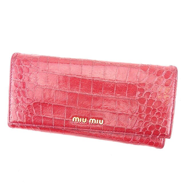 長財布 ファスナー付き長財布 クロコダイル調 レッド ゴールド 中古