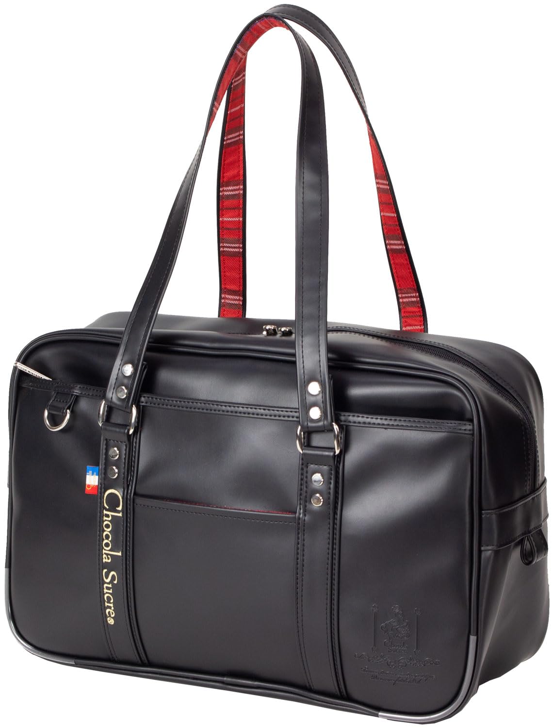 [ショコラシュクレ] 合皮 スクールバッグ 高校生 女子 ロゴ 型押 通学用 革 チェック柄 (黒)