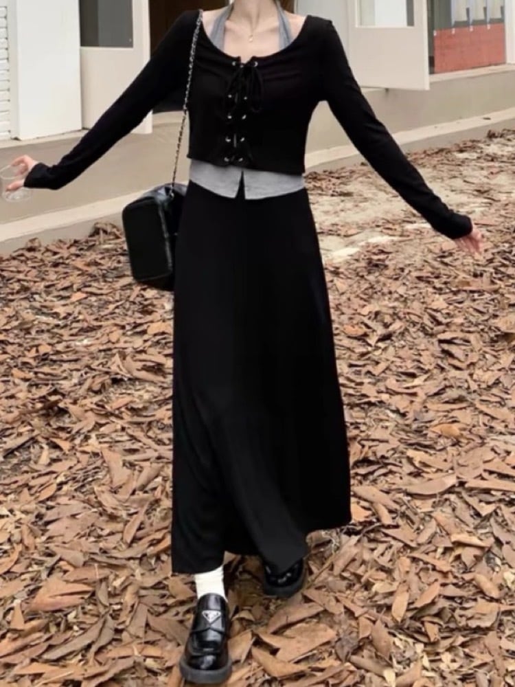 程よい甘さとシルエットで大人の抜け感コーデ 3点セット レースアップトップス× ホルターネックタンクトップ×ロングスカート 大きいサイズ 韓国 CH9945