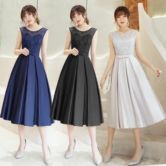 パーティードレス ミモレドレス 結婚式 披露宴 ワンピース 二次会 謝恩会 発表会 演奏会 激安 パーティードレス 20代 30代 40代 成人式 演奏会 グレー ネイビー ブラック