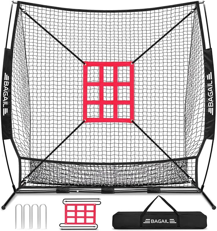 BAGIL野球ネット ベースボールネット 練習用 バッティングネット ピッチングネット スチール製 野球器具 硬式/軟式対応 打撃 投球(レッド/ブラック, 212x212x108)