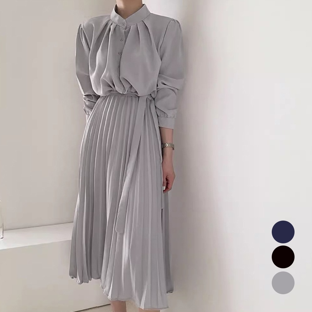 国内即納 ロングワンピース 長袖プリーツワンピ韓国 87YT-001