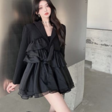 ブラックフリルミニ丈ワンピース ワンピース ミニ丈 長袖 Vネック Aライン シフォン フリル