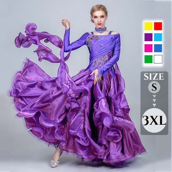 社交ダンス ドレス モダンドレス スタンダードドレス 衣装 ワルツ タンゴ ストーン飾り チョーカー付き フリル付き バングル飾り ホースヘアフリル 胸パットなし 豪華 大きい裾 発表会 競技ダンス