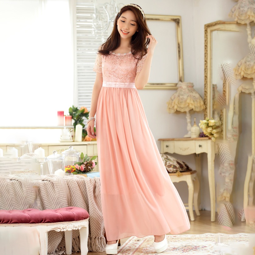 ロングドレス ピンク M 3XL 即納 レディース ビジュー 花柄 レース シフォン 切替 マキシワンピース LSFS-98436 10,463円